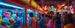 a vibrant indoor party scene showcases a bustling claw machine filled with colorful plush toys, surrounded by joyful guests of all ages eagerly taking turns to try their luck and win prizes, illuminated by festive lighting and decorations.