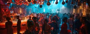 a vibrant, high-energy indoor party scene illuminated by dazzling lights, with elegantly dressed guests mingling and a stylish bar setup, capturing the essence of celebration and excitement.