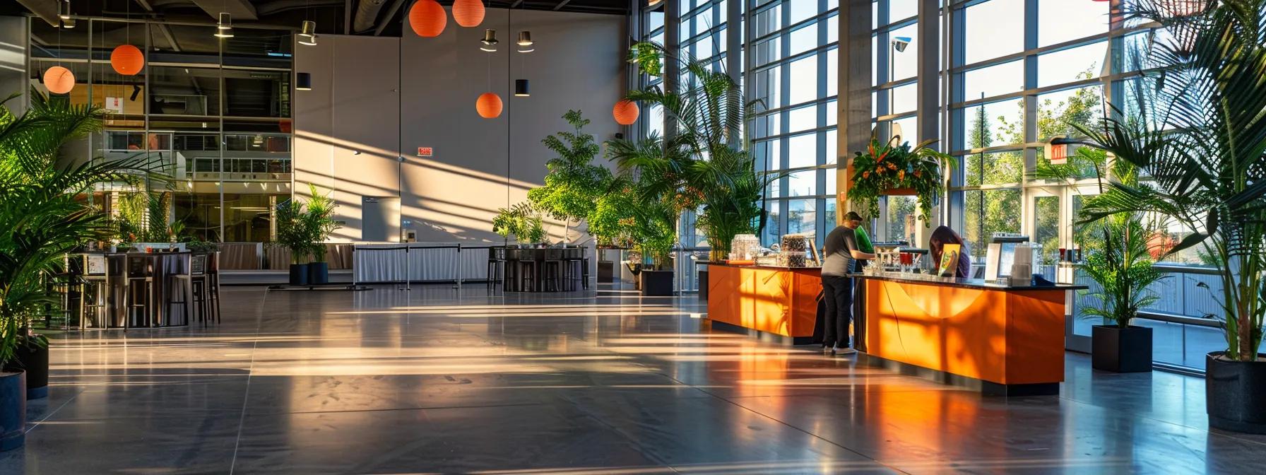 a bustling event setup scene in a modern urban community hall, featuring a professional team coordinating the precise installation of vibrant party rentals while ensuring strict sanitization protocols and providing clear operational briefings to an attentive group of parents.