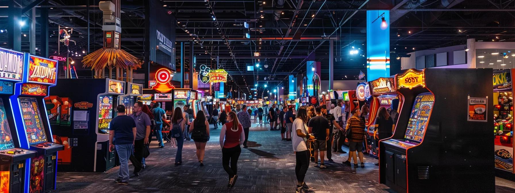 a bustling event space filled with vibrant arcade game machines, showcasing a streamlined rental setup process with an organized display of equipment and enthusiastic event-goers enjoying the gaming experience.