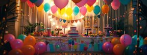 a vibrant and lively indoor birthday party setup filled with colorful decorations, including balloons and banners, arranged around a stylishly decorated table set with an enticing cake and festive props, all illuminated by warm, inviting lighting.
