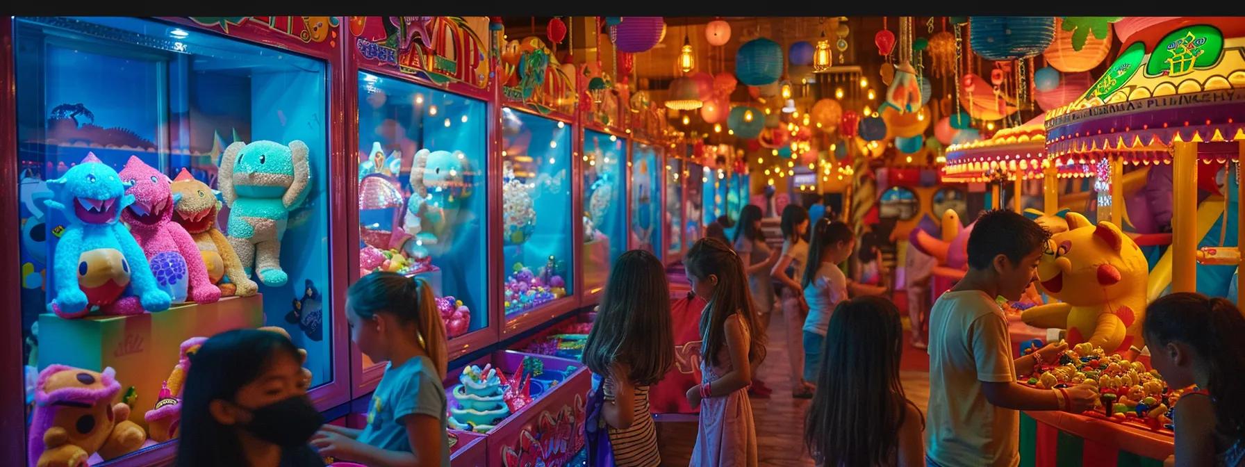 a vibrant birthday celebration scene showcases a colorful claw machine surrounded by excited children eagerly attempting to grab prizes, with inflatable bounce houses and themed game stations creating a lively atmosphere of interaction and joy in a festive indoor venue. a vibrant birthday celebration scene showcases a colorful claw machine surrounded by excited children eagerly attempting to grab prizes, with inflatable bounce houses and themed game stations creating a lively atmosphere of interaction and joy in a festive indoor venue.