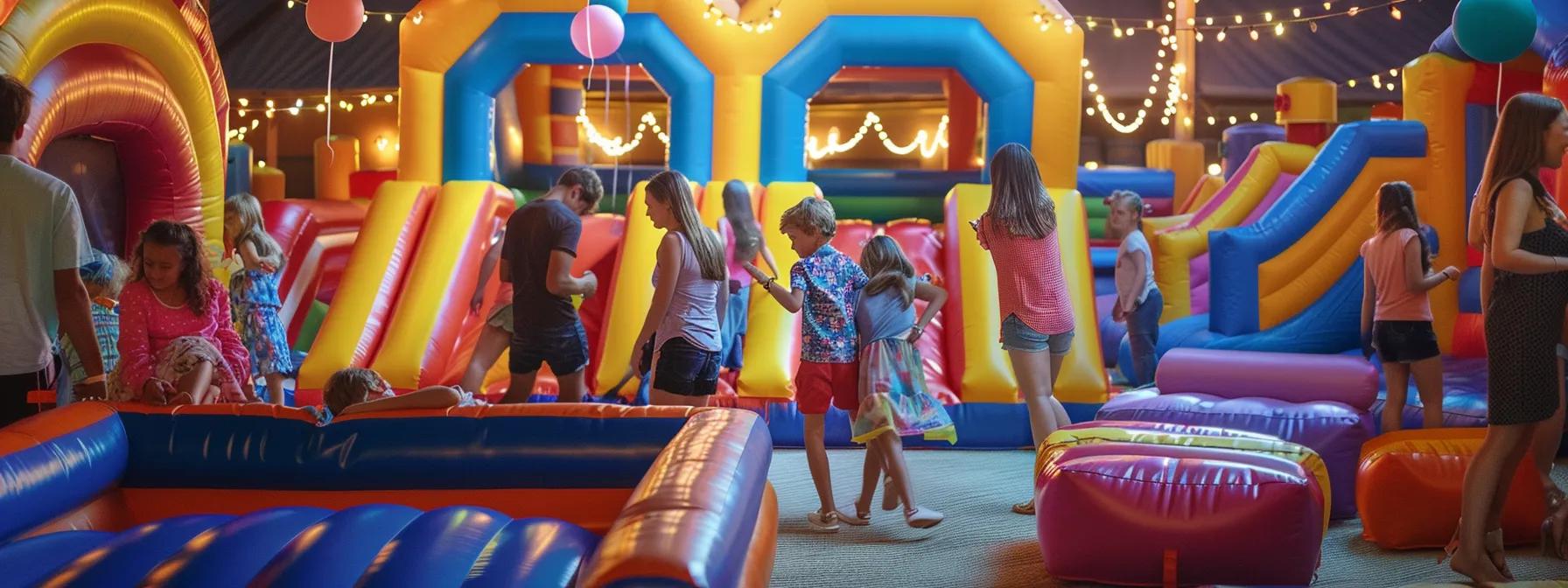 a vibrant birthday party rental scene showcasing inflatable attractions, with supervised children engaged in safe play while adults relax in cozy lounge seating surrounded by festive decorations and hydration stations.