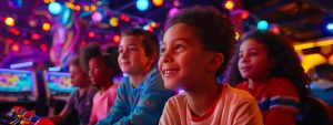 a vibrant birthday party scene in a lively indoor venue, featuring colorful gaming consoles and enthusiastic children immersed in an exciting game rental experience.