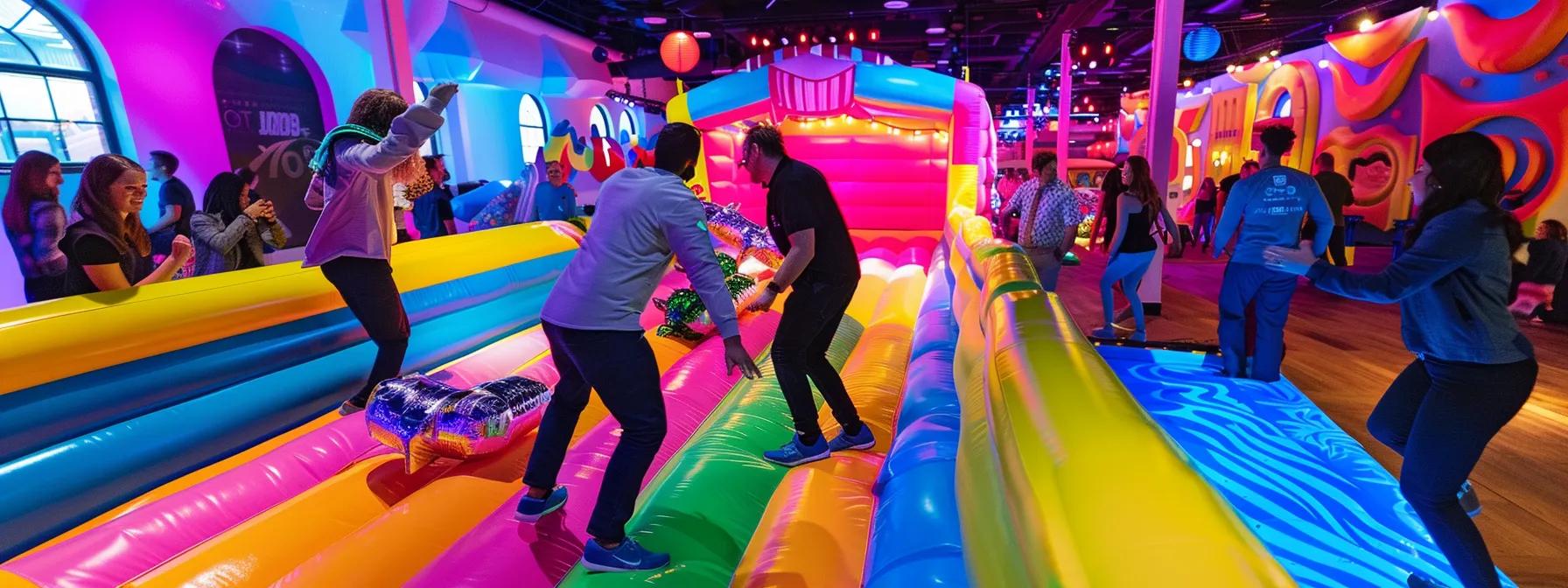 a vibrant corporate party scene features employees enthusiastically participating in an inflatable obstacle relay race, surrounded by colorful decorations and engaging tech-based games that foster teamwork and interaction. a vibrant corporate party scene features employees enthusiastically participating in an inflatable obstacle relay race, surrounded by colorful decorations and engaging tech-based games that foster teamwork and interaction.