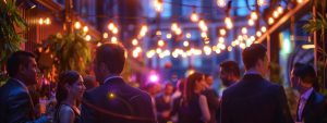 a vibrant corporate party scene unfolds in a sleek urban venue, illuminated by elegant string lights and filled with mingling professionals in stylish attire, showcasing an atmosphere of celebration and networking.