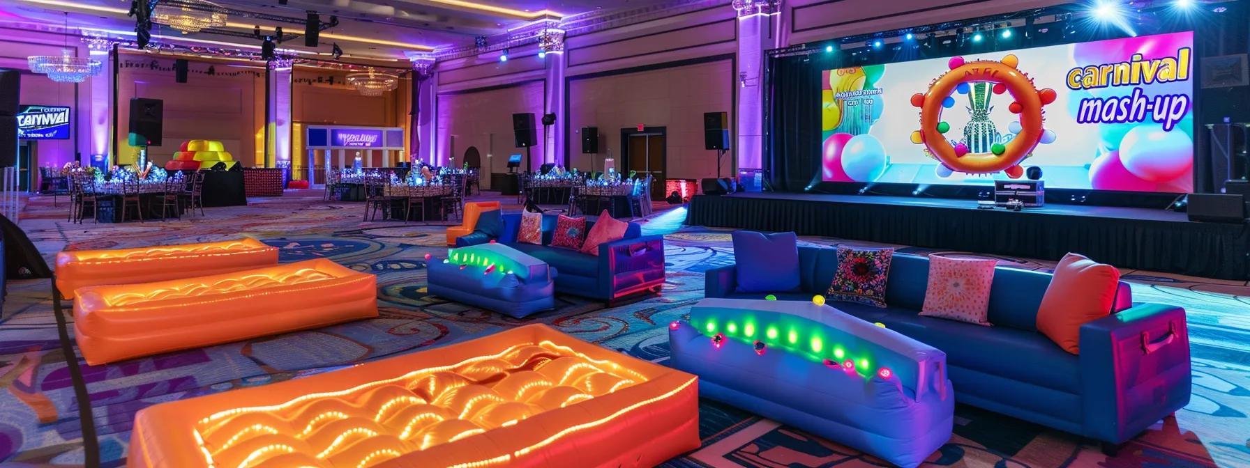 a vibrant corporate party scene showcases a dynamic “carnival mash-up” theme, featuring colorful inflatable games and a lively photo booth, set within a chic urban venue that exudes excitement and custom entertainment tailored for team building and celebration. a vibrant corporate party scene showcases a dynamic “carnival mash-up” theme, featuring colorful inflatable games and a lively photo booth, set within a chic urban venue that exudes excitement and custom entertainment tailored for team building and celebration.