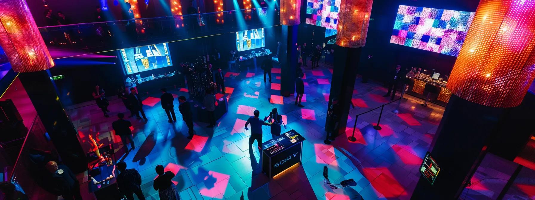 a vibrant corporate party scene filled with interactive technology setups, featuring guests engaging with live polling kiosks and ar photo booths against a sleek modern backdrop, illuminated by dynamic lighting. a vibrant corporate party scene filled with interactive technology setups, featuring guests engaging with live polling kiosks and ar photo booths against a sleek modern backdrop, illuminated by dynamic lighting.
