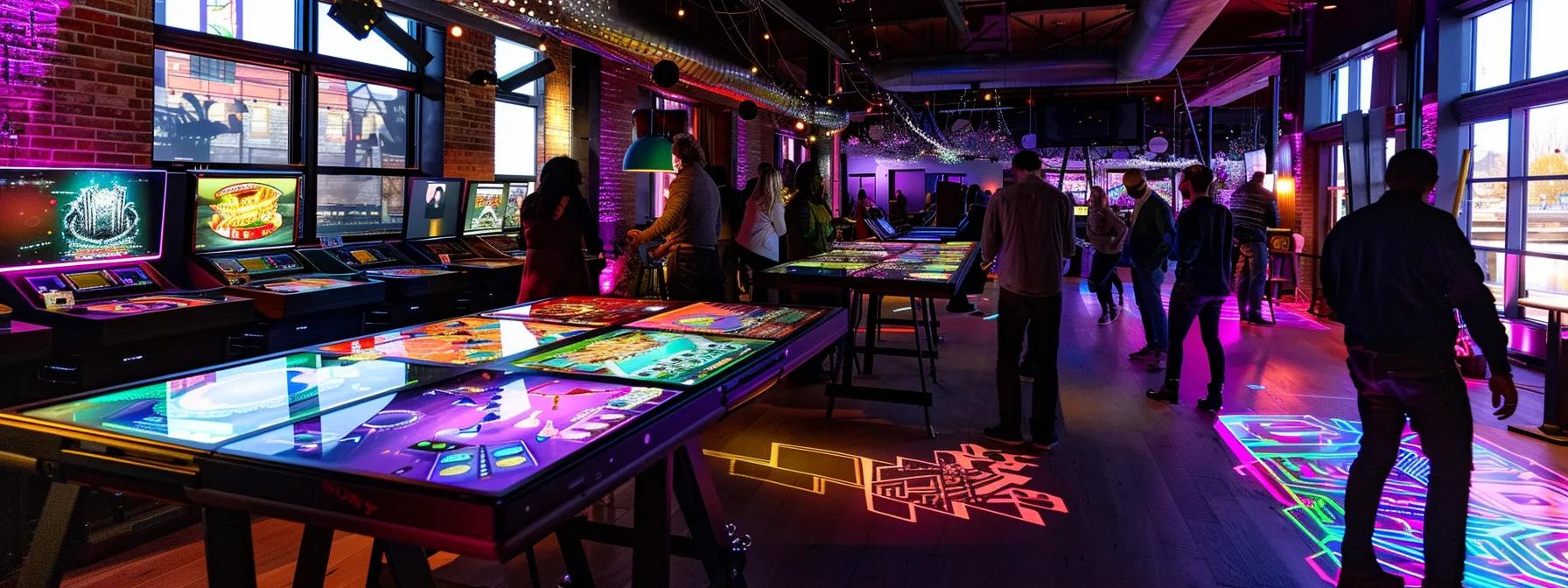 a vibrant corporate party setting featuring elegantly arranged tables, a modern display of interactive games, and an inviting atmosphere that highlights strategic planning and guest engagement in a sophisticated urban venue. a vibrant corporate party setting featuring elegantly arranged tables, a modern display of interactive games, and an inviting atmosphere that highlights strategic planning and guest engagement in a sophisticated urban venue.