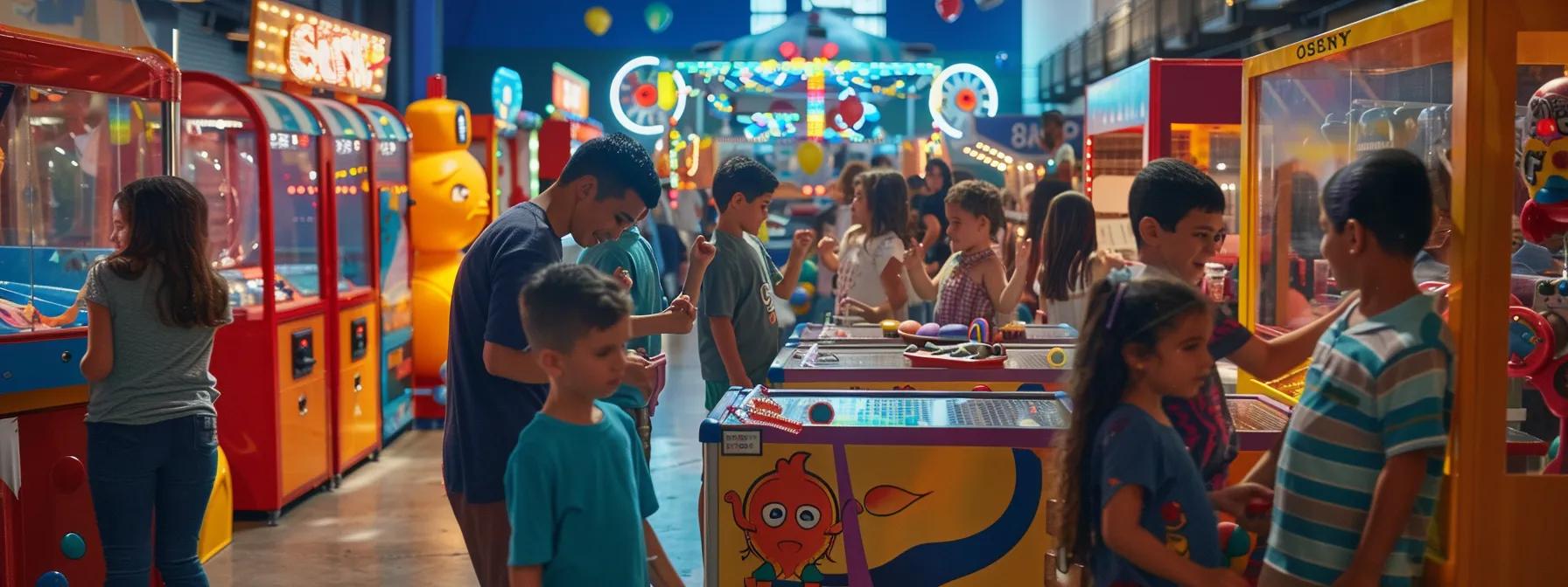 a vibrant indoor birthday celebration features an array of colorful carnival game stations, including claw machines and a vr racing booth, with excited children engaging in playful competition while parents relax and capture joyful moments in a bustling atmosphere. a vibrant indoor birthday celebration features an array of colorful carnival game stations, including claw machines and a vr racing booth, with excited children engaging in playful competition while parents relax and capture joyful moments in a bustling atmosphere.