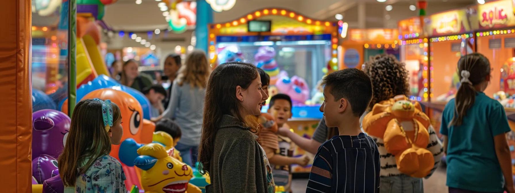 a vibrant indoor birthday party scene showcases children joyfully engaged around a colorful claw machine and inflatable games, with parents conversing in the background, capturing the excitement and reliability of claw frenzy's event rentals.