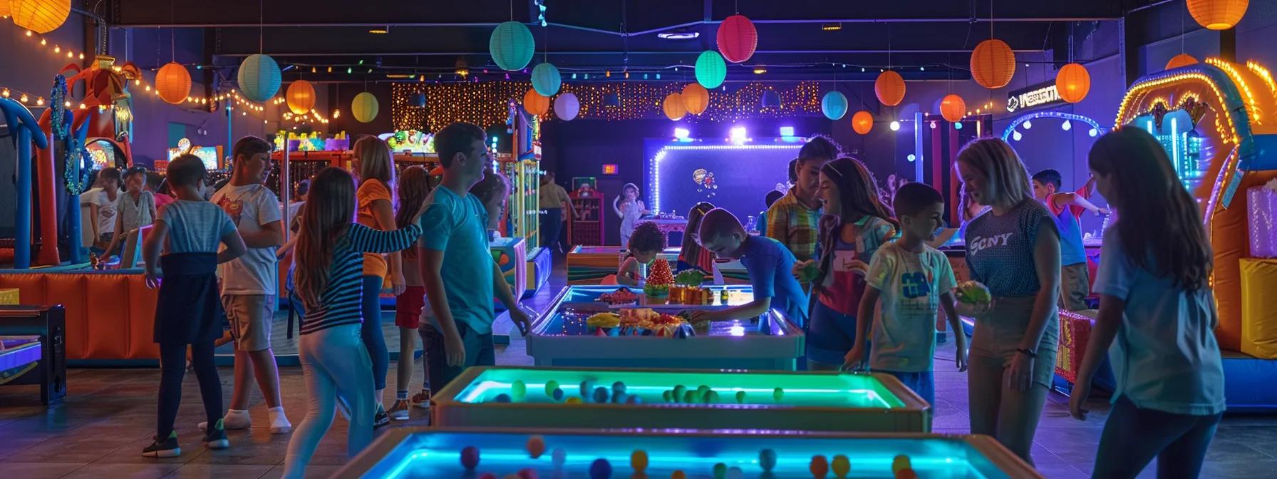 a vibrant indoor birthday party scene showcases an array of engaging game rentals, with excited children rotating between colorful tabletop games, a dunk tank, and inflatable obstacle courses, all under festive lighting and adorned with cheerful decorations. a vibrant indoor birthday party scene showcases an array of engaging game rentals, with excited children rotating between colorful tabletop games, a dunk tank, and inflatable obstacle courses, all under festive lighting and adorned with cheerful decorations.