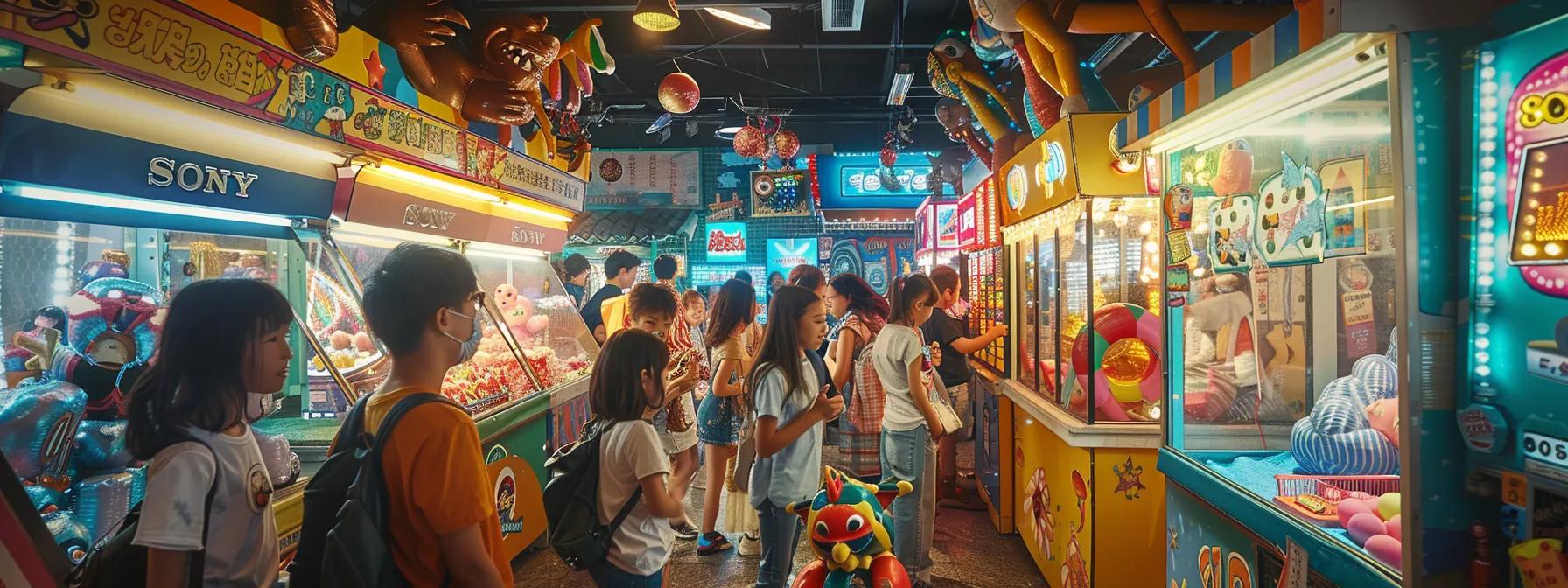 a vibrant indoor birthday party scene showcases a colorful claw machine surrounded by vintage carnival booths, lively inflatables, and a bustling photo booth, all filled with excited children engaging in various interactive activities.