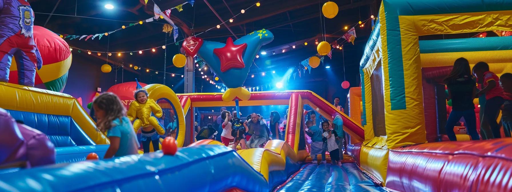 a vibrant indoor birthday party scene showcases a colorful inflatable obstacle course alongside a full-sized claw machine, filled with excited children engaged in play, all set against a backdrop that reflects a playful superhero theme with festive decorations.