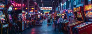 a vibrant indoor event space filled with colorful arcade game machines, bustling with excited players enjoying a variety of games, illuminated by dynamic neon lighting.