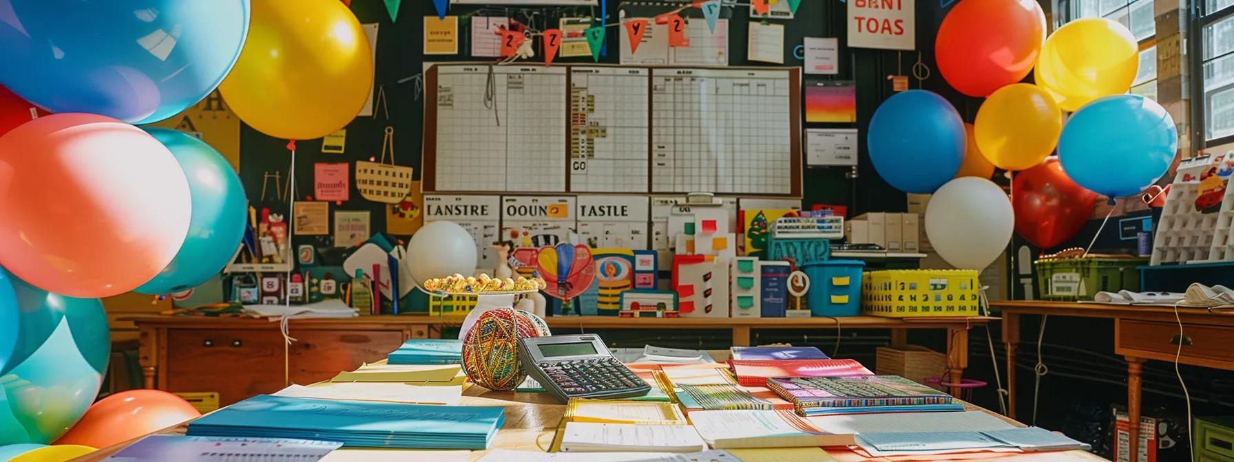 a vibrant party planning workspace filled with colorful decorations, detailed event rental brochures, and a calculator displaying budget figures, set against a backdrop of festive balloons and a large calendar marking important dates.