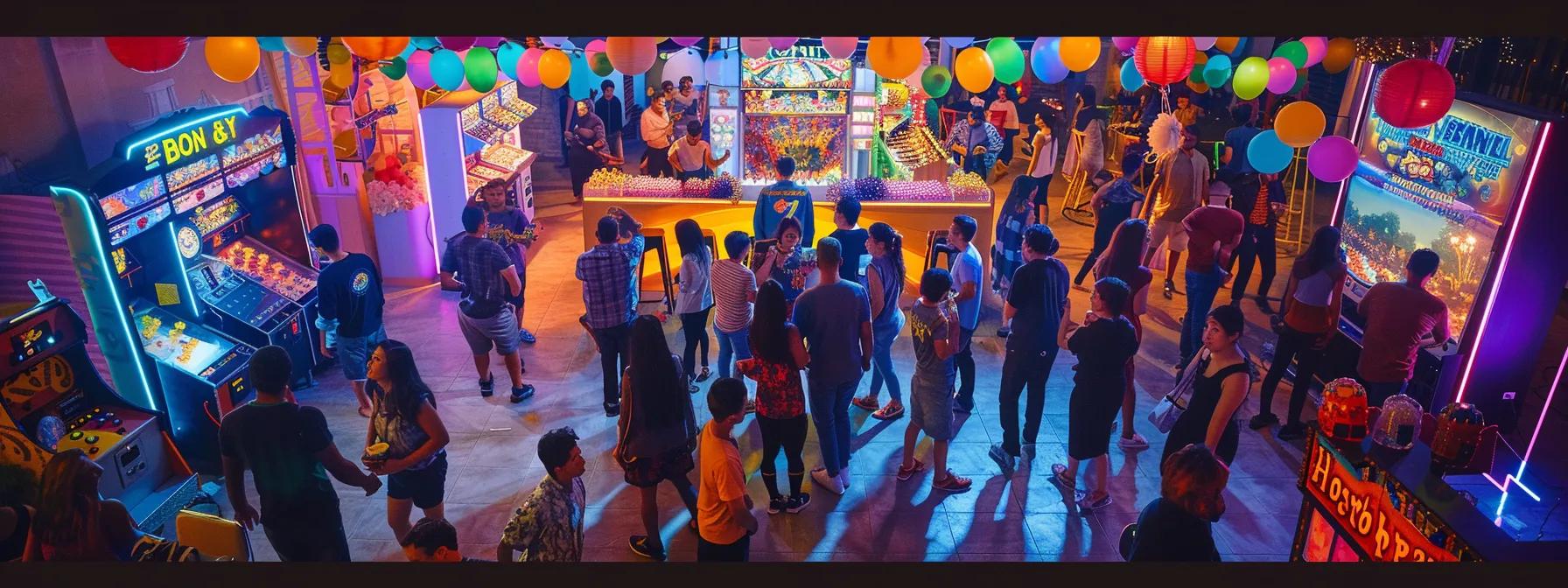 a vibrant party scene inside a spacious venue showcases a variety of colorful arcade games being expertly set up by a professional team, with excited families enjoying themselves as they prepare for a hassle-free birthday celebration. a vibrant party scene inside a spacious venue showcases a variety of colorful arcade games being expertly set up by a professional team, with excited families enjoying themselves as they prepare for a hassle-free birthday celebration.