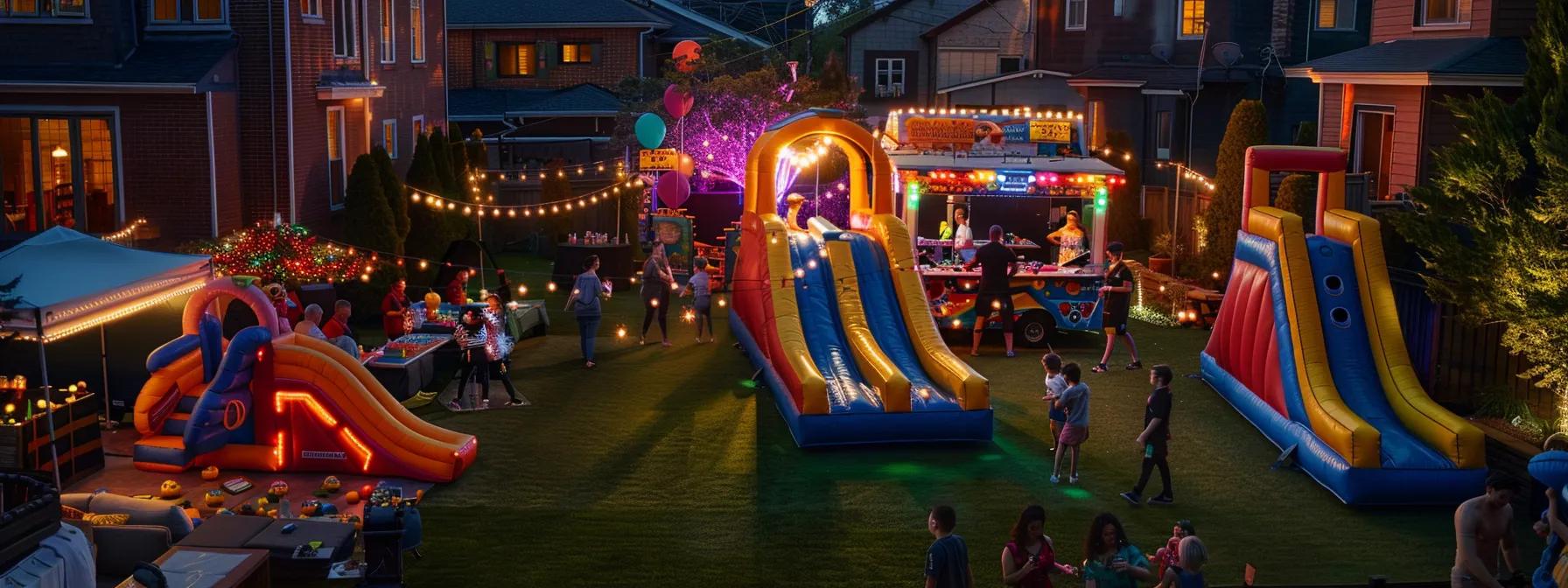 a vibrant party scene unfolds in an urban backyard, featuring a colorful inflatable slide and a bustling game truck, surrounded by excited guests engaged in various interactive games, illuminated by dynamic led lights and festive music, capturing the energetic essence of a lively celebration. a vibrant party scene unfolds in an urban backyard, featuring a colorful inflatable slide and a bustling game truck, surrounded by excited guests engaged in various interactive games, illuminated by dynamic led lights and festive music, capturing the energetic essence of a lively celebration.