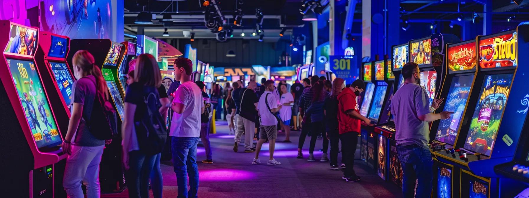 a vibrant urban event setting showcases an array of modern game machines prominently displayed, with excited guests engaged in various gaming experiences, creating an atmosphere of lively entertainment and interactive fun.