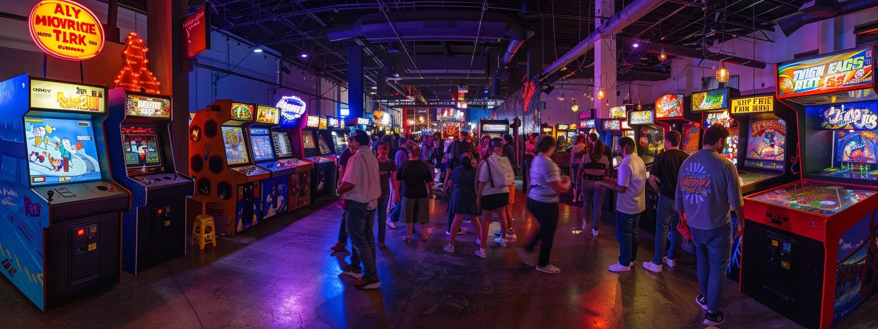 a vibrant indoor event space is filled with an array of classic arcade machines and modern gaming consoles, bustling with excited guests enjoying interactive entertainment at a themed birthday party.
