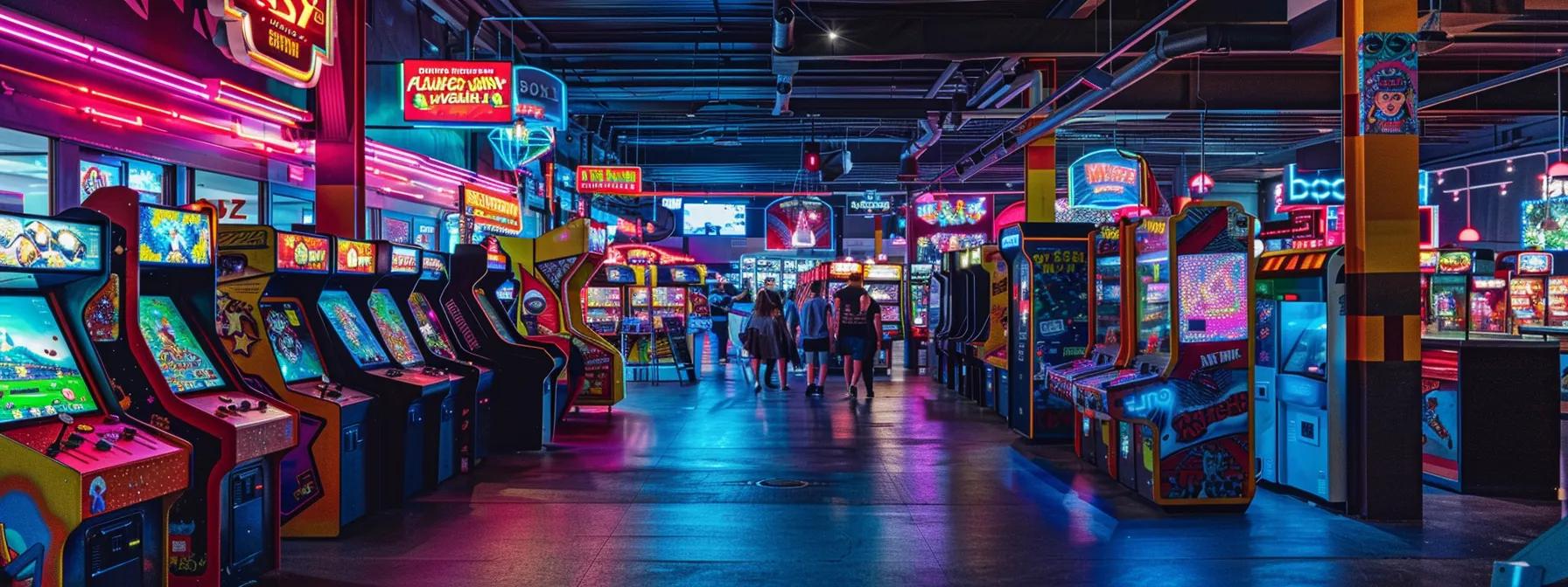 a vibrant urban gaming lounge, filled with sleek rows of colorful rental game machines, bustling with excited players immersed in dynamic gameplay, illuminated by bold neon lights reflecting the energy and thrill of modern entertainment.