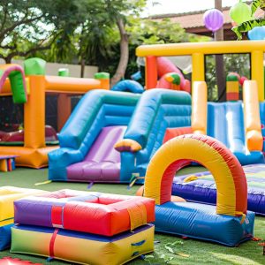 Colorful children's party setup with inflatable bounce houses and soft play areas for safe and engaging fun
