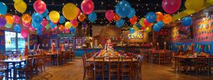 a vibrant birthday party scene in a lively santa rosa venue, featuring colorful decorations, cheerful balloons, and an inviting table set with a scrumptious cake at the center, all under warm, ambient lighting that enhances the festive atmosphere.
