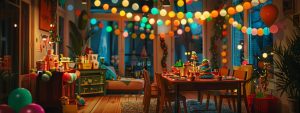 a vibrant home interior brimming with festive decorations, colorful themed party supplies, and a dining table set for celebration, all illuminated by warm, inviting lighting to capture the joy of planning the perfect birthday party.