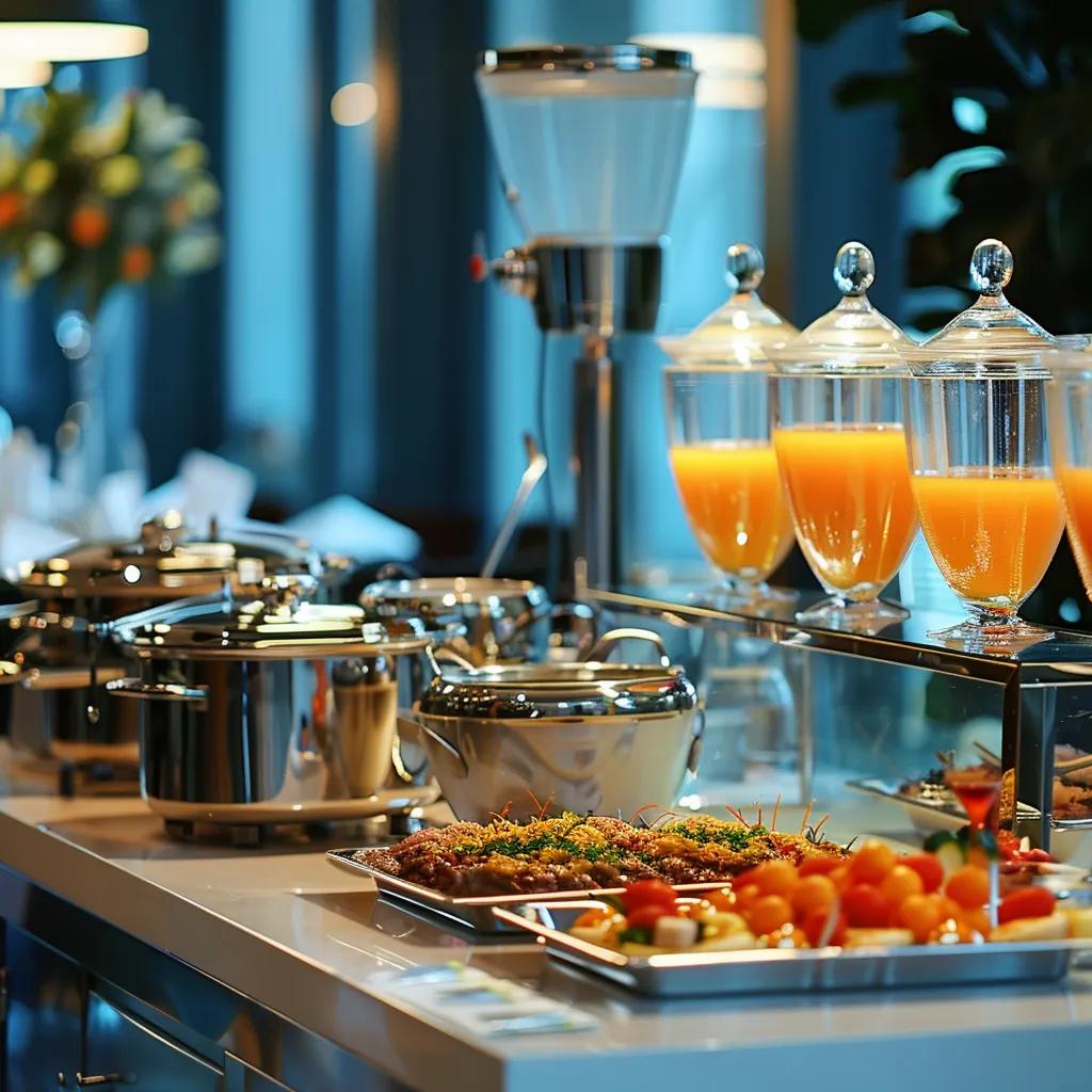 Catering equipment setup for a birthday celebration, including chafing dishes and beverage dispensers