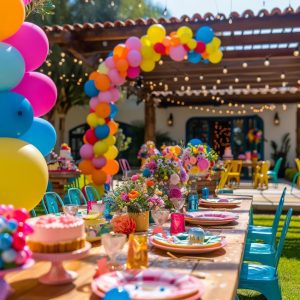 Colorful outdoor birthday party setup with tables, decorations, and a festive atmosphere