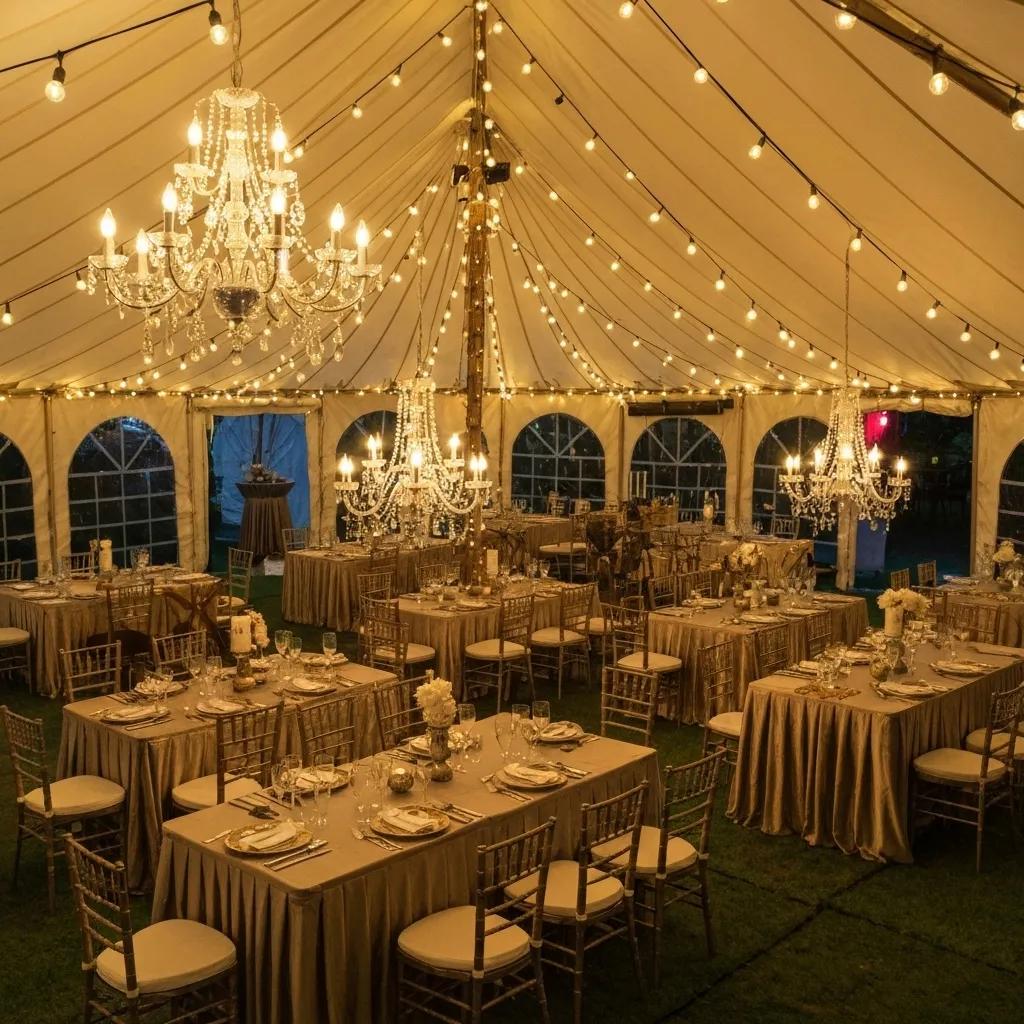 Decorative accessories and furniture enhancing a party tent setup for events