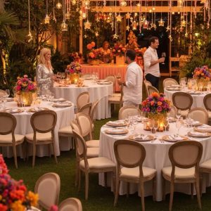 Elegant outdoor party setup with tables and decorations for a successful event