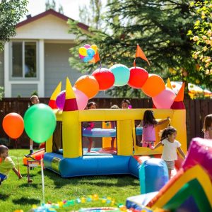 Colorful bounce house at a lively birthday party with children playing