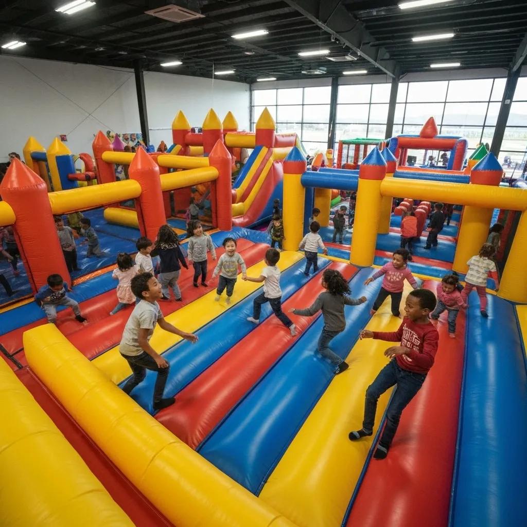 Children enjoying an inflatable play area in a Santa Rosa indoor party venue