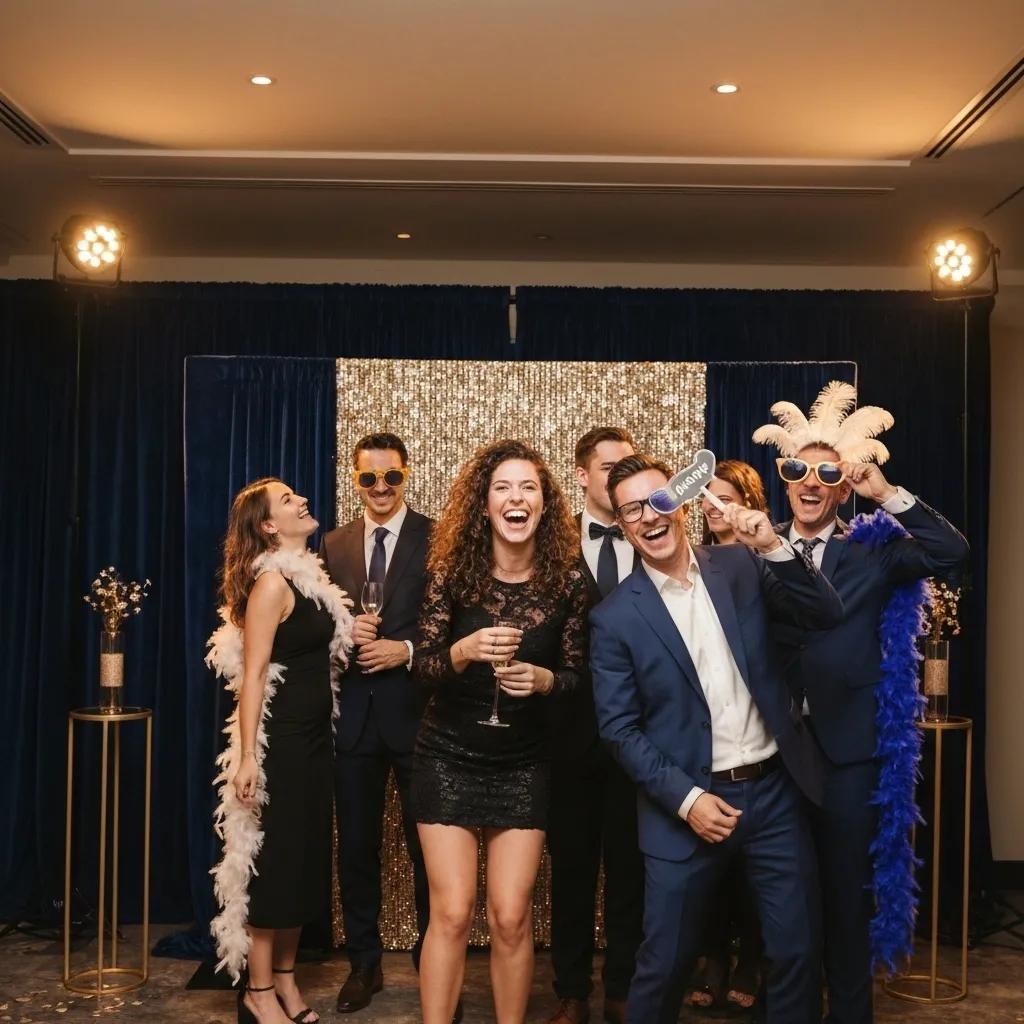 Elegant photo booth at an adult birthday party with guests posing