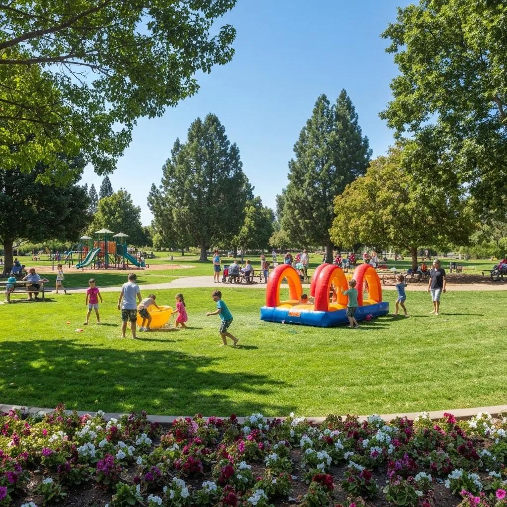Families celebrating a birthday party in a scenic Santa Rosa park with inflatables