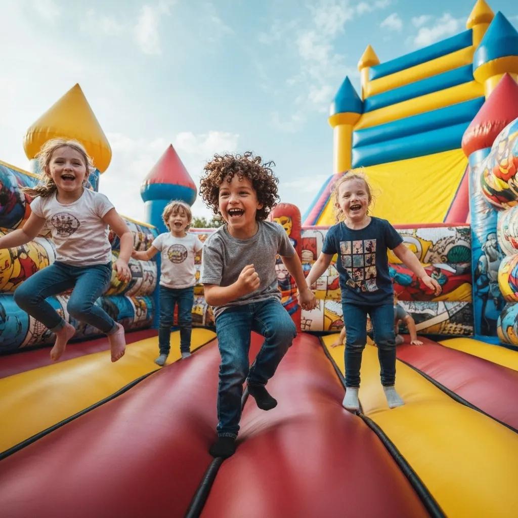 Children enjoying a superhero-themed bounce house at a birthday party