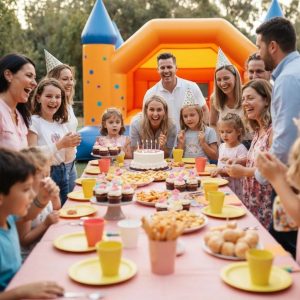 Colorful birthday party setup with bounce house and festive decorations