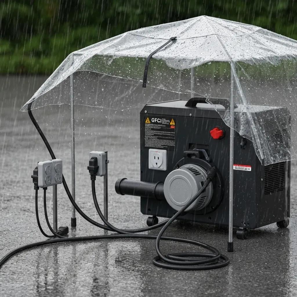 Electrical equipment covered and protected from rain, illustrating safety measures for outdoor events