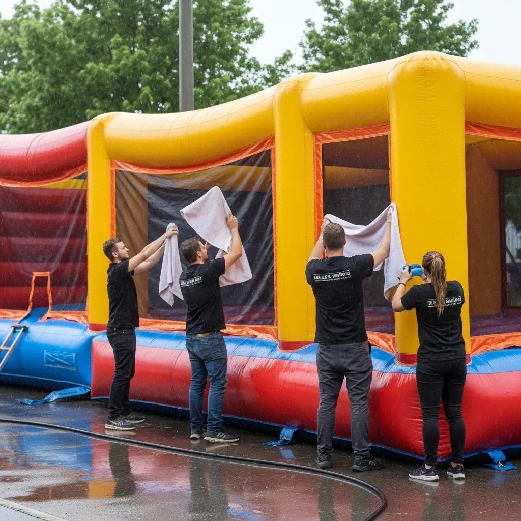 Event staff drying inflatable bounce houses after rain, highlighting maintenance practices for rental equipment