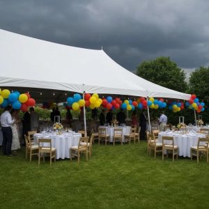 Outdoor party setup with a tent and decorations, highlighting the importance of weather planning for events