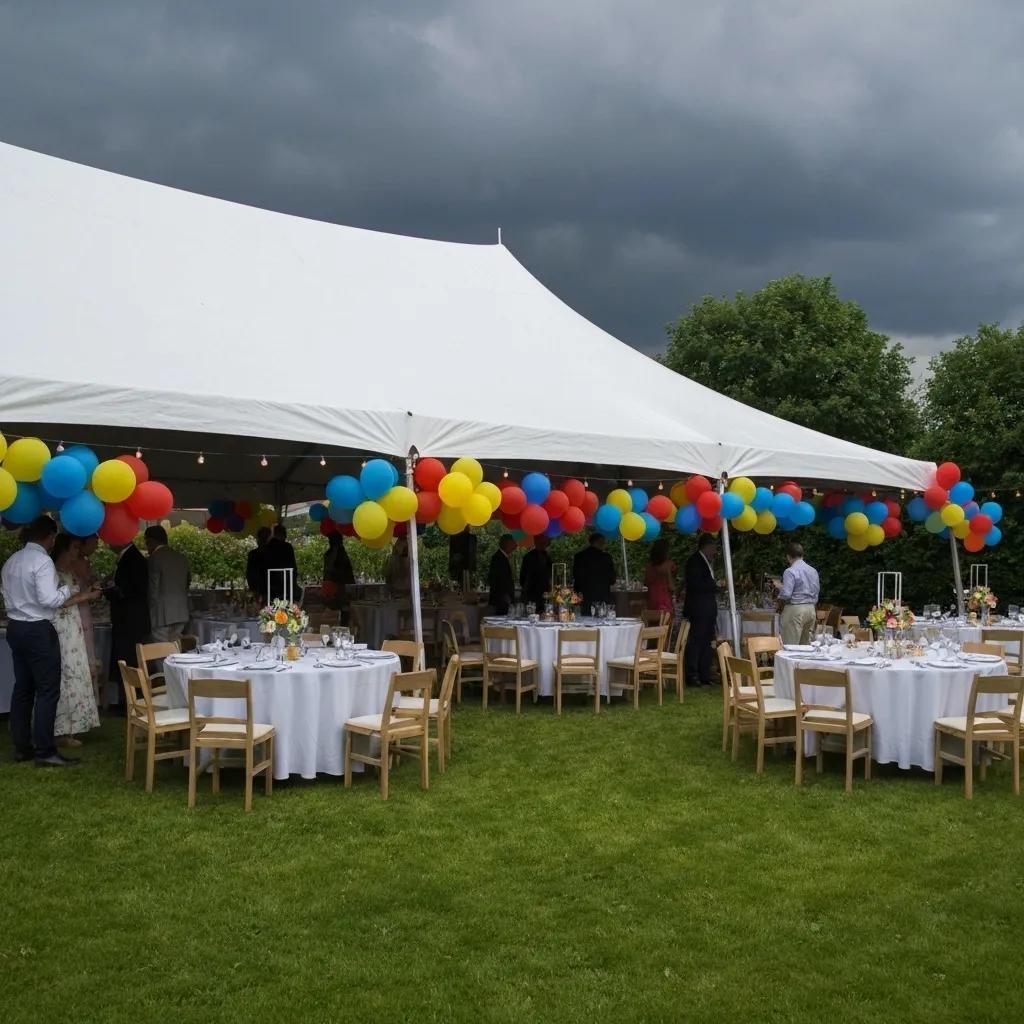 Outdoor party setup with a tent and decorations, highlighting the importance of weather planning for events